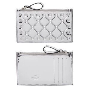 $375 Valentino Silver Mirror Leather Rockstud Spike Zip Card Holder